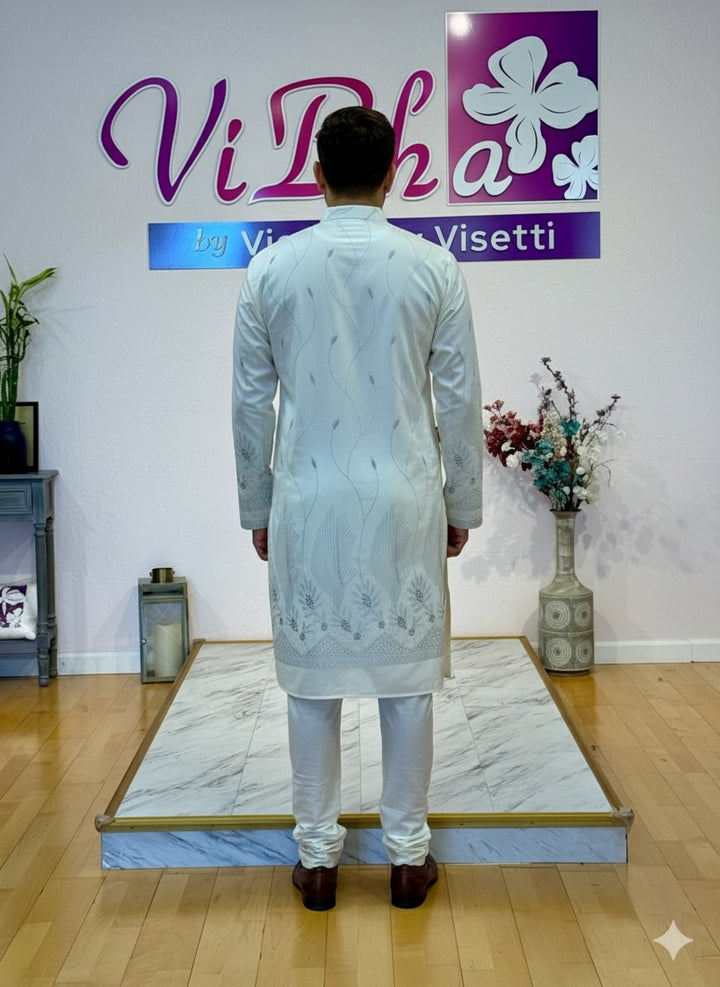Off white self embroidered kurta set