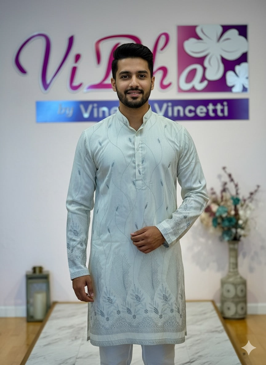 Off white self embroidered kurta set