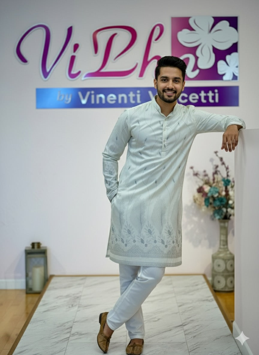 Off white self embroidered kurta set