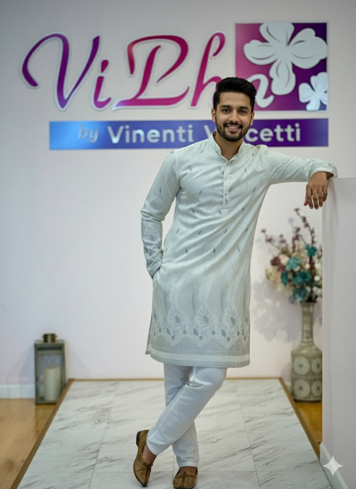 Off white self embroidered kurta set