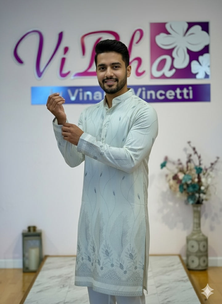 Off white self embroidered kurta set