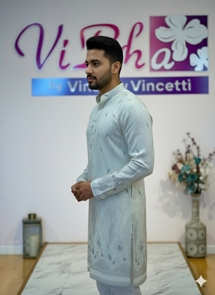 Off white self embroidered kurta set