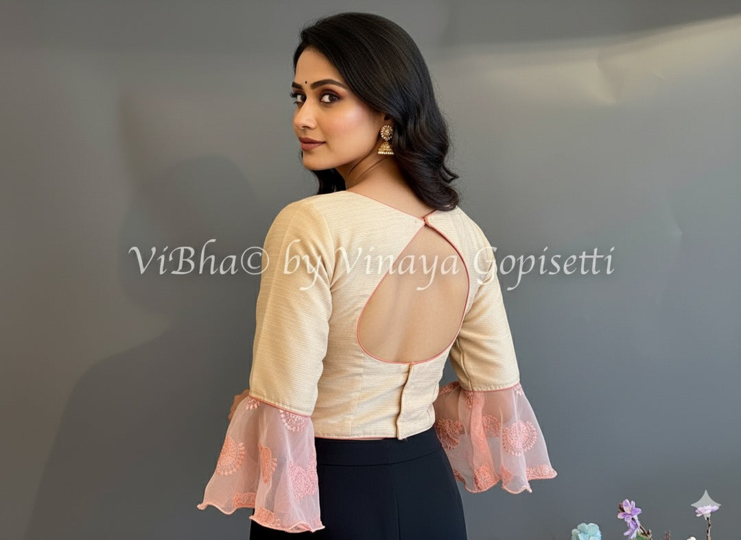 Light Gold And Peach Bell Sleeve Blouse