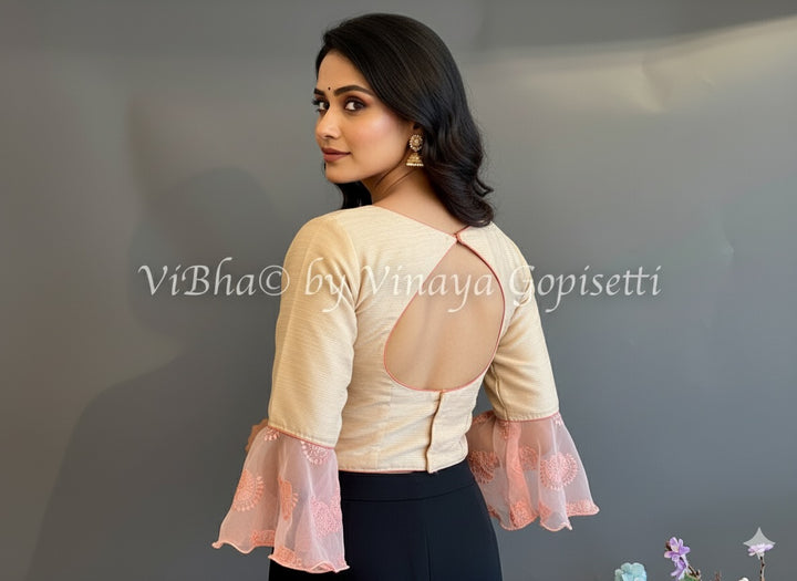 Light Gold And Peach Bell Sleeve Blouse