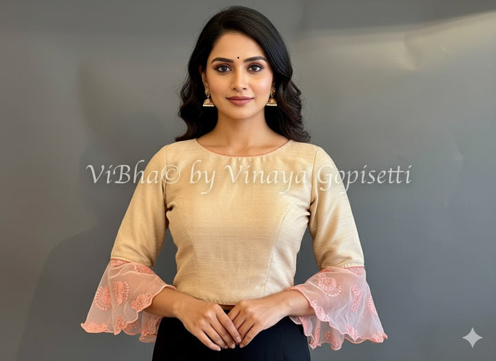 Light Gold And Peach Bell Sleeve Blouse
