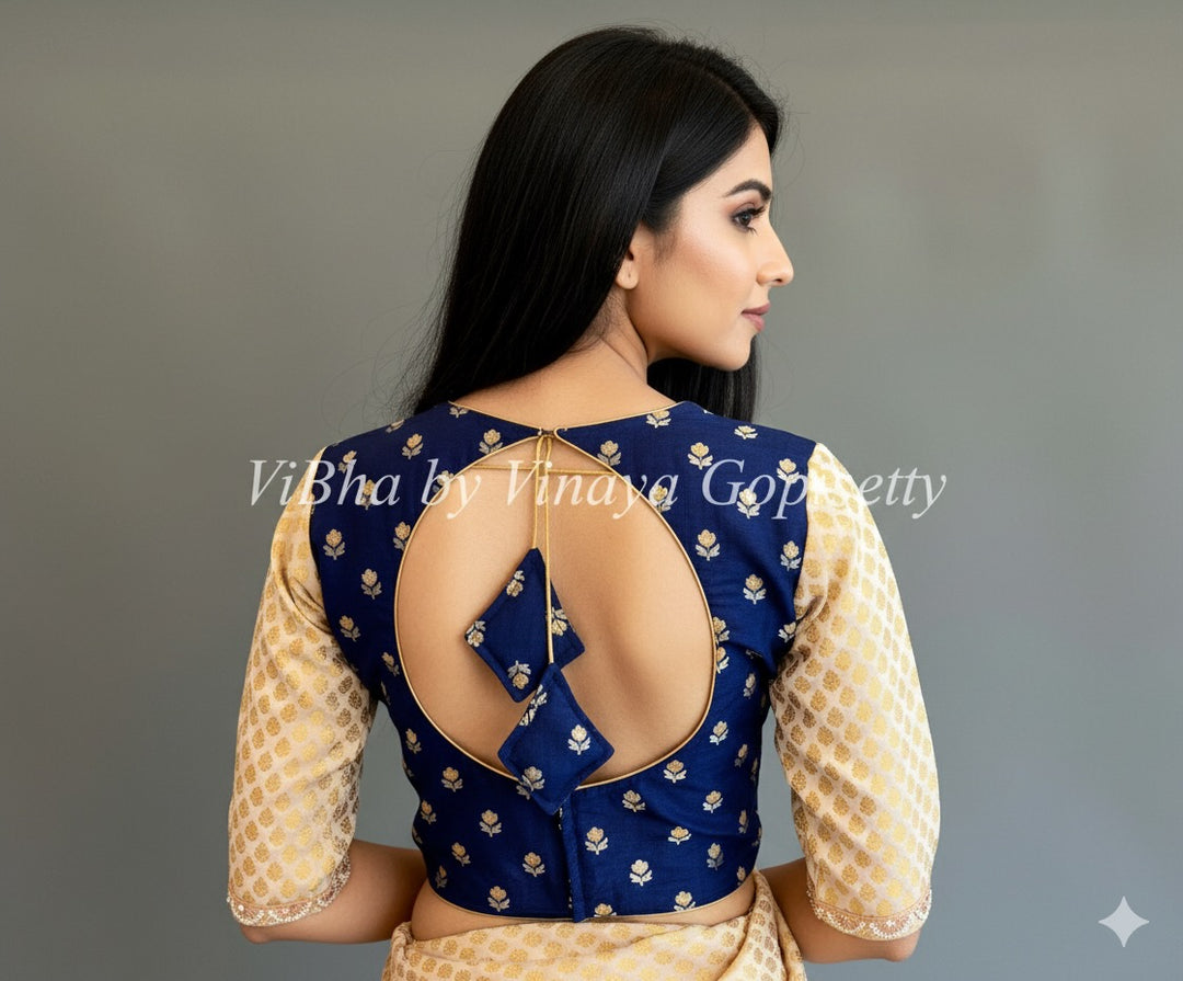 Ink Blue And Ivory Benares Silk Blouse