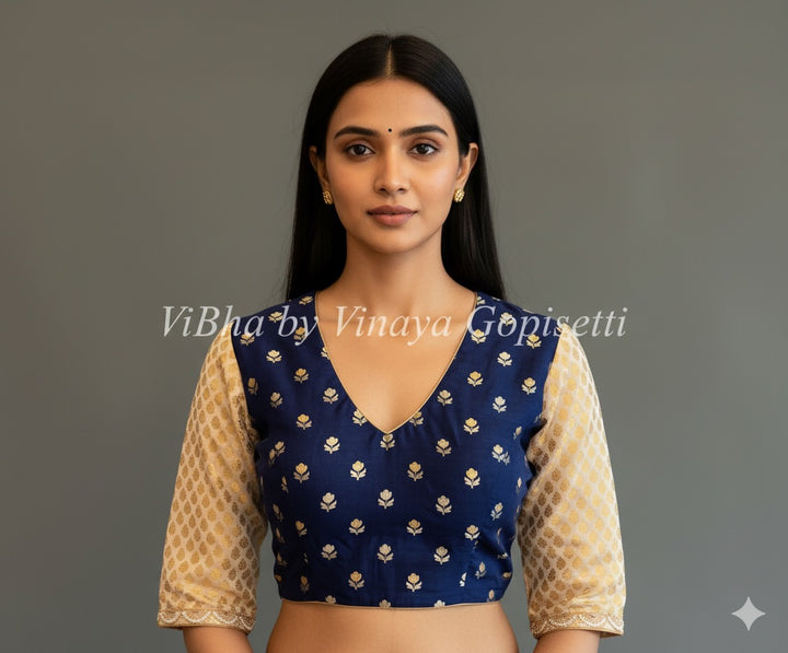 Ink Blue And Ivory Benares Silk Blouse