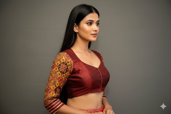 Maroon hand painted blouse with embroidery and patola sleeves