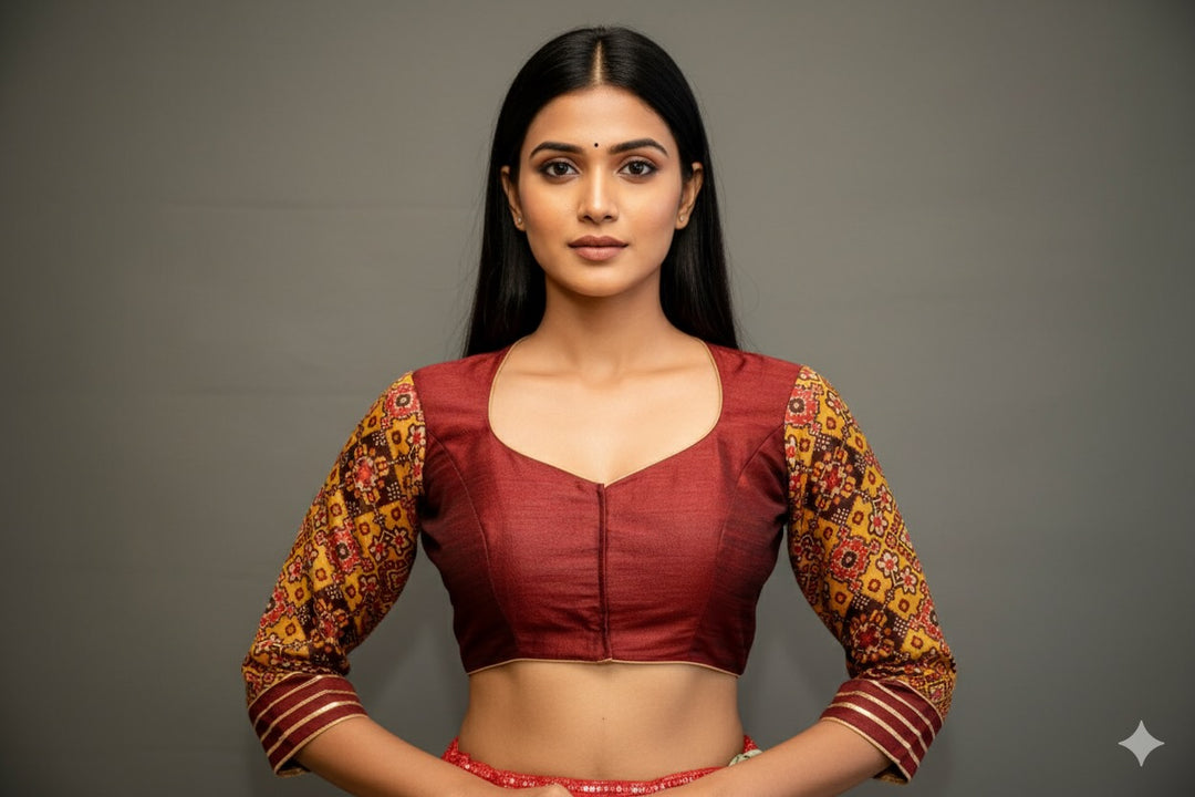 Maroon hand painted blouse with embroidery and patola sleeves
