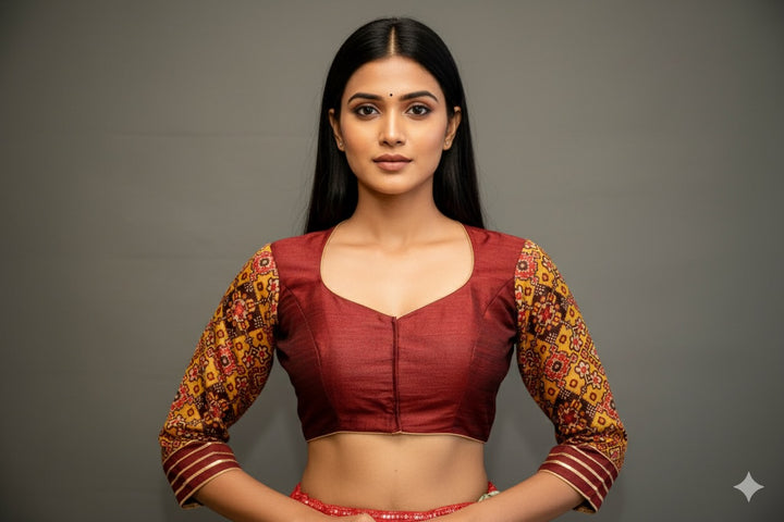Maroon hand painted blouse with embroidery and patola sleeves