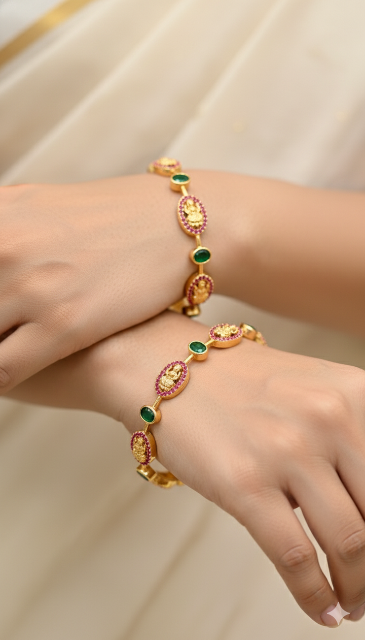 Lakshmi Motif With Ruby And Emerald Bangles