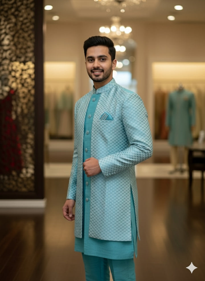 Turquoise Blue Duster jacket Kurta Set