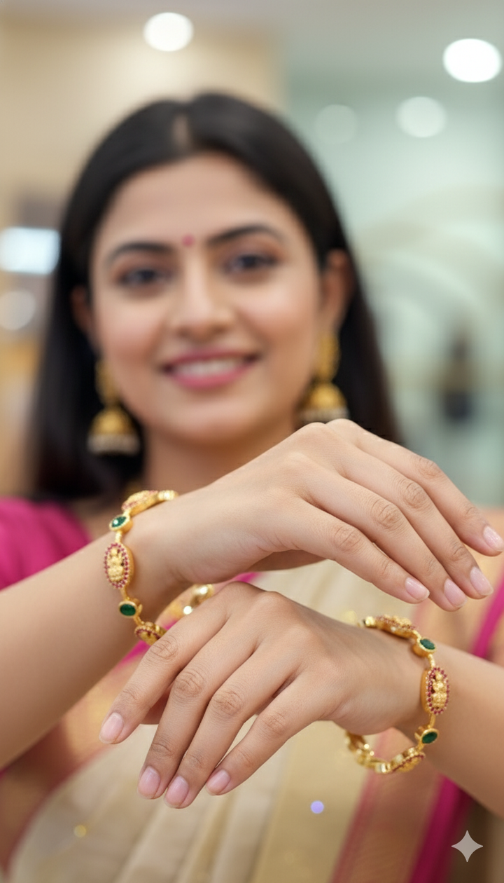 Lakshmi Motif With Ruby And Emerald Bangles