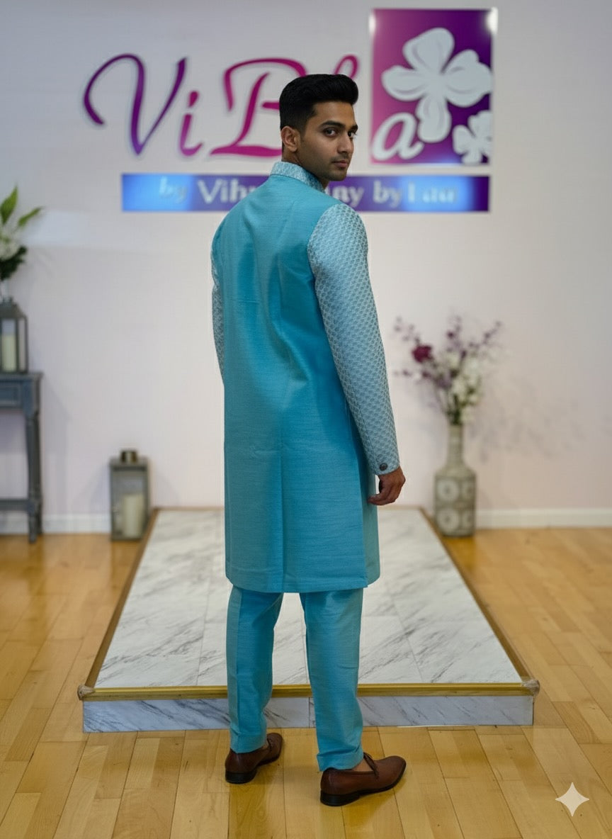 Turquoise Blue Duster jacket Kurta Set