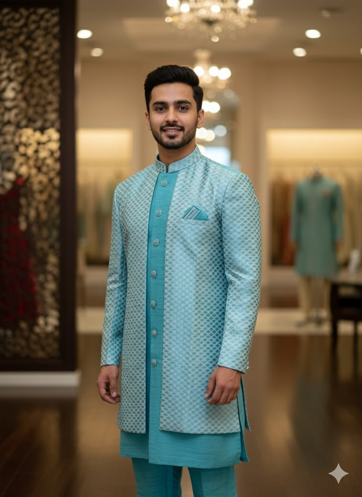 Turquoise Blue Duster jacket Kurta Set