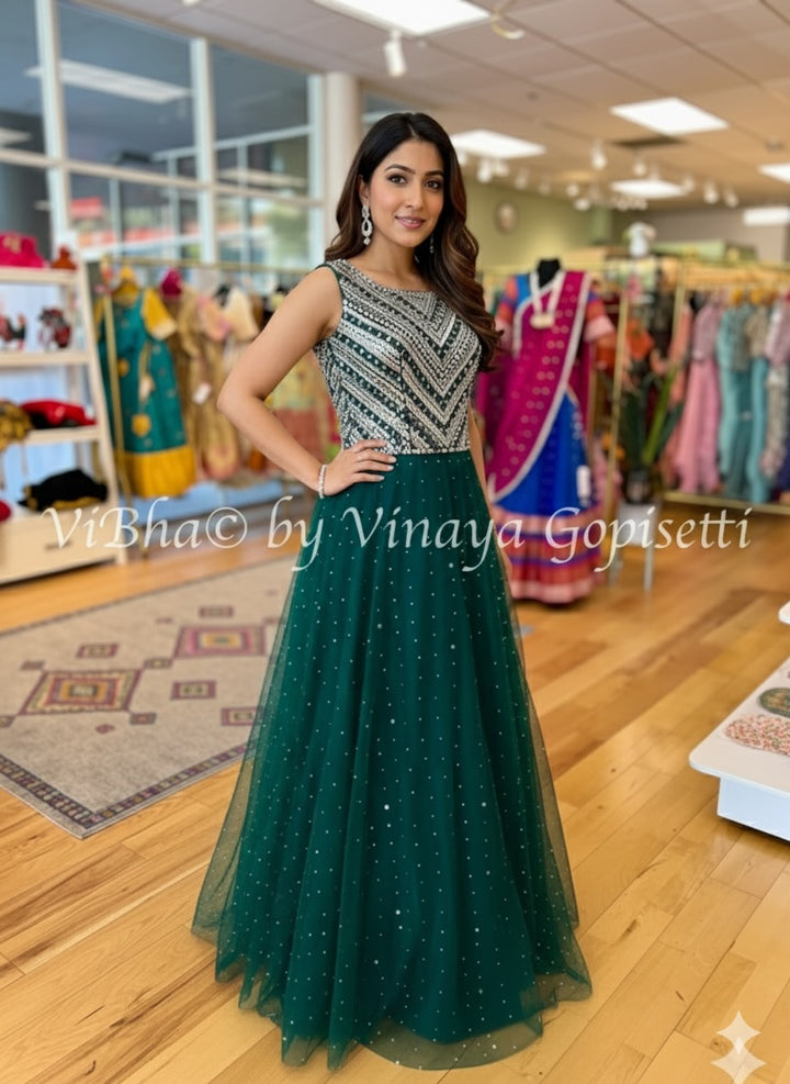 Bottle Green Mirror Work Floor Length Gown