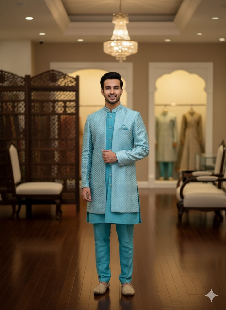 Turquoise Blue Duster jacket Kurta Set