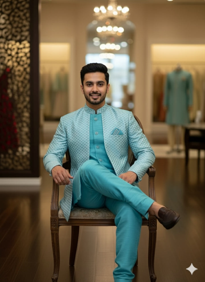 Turquoise Blue Duster jacket Kurta Set