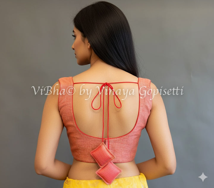 Pastel Green And Dull Red Linen Sleeveless Blouse