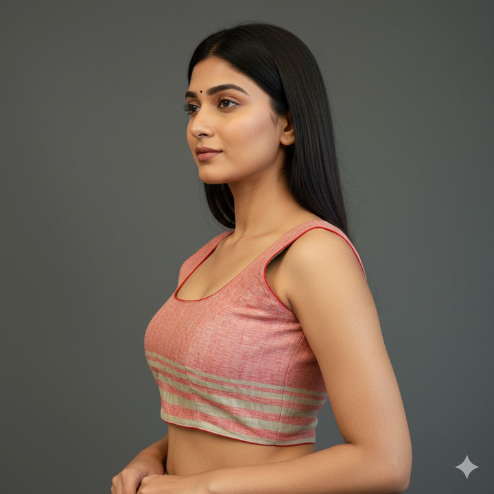 Pastel Green And Dull Red Linen Sleeveless Blouse