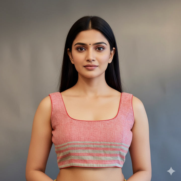 Pastel Green And Dull Red Linen Sleeveless Blouse