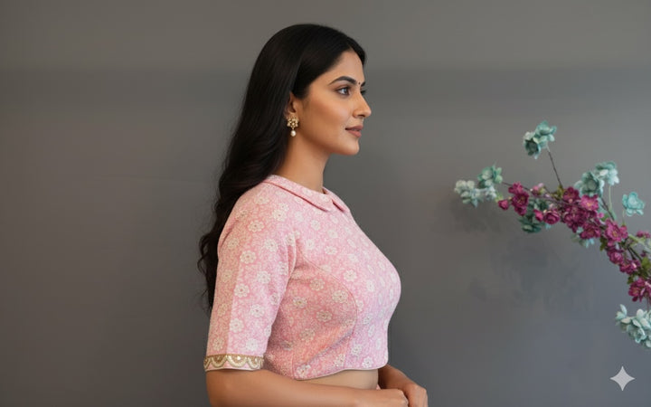 Light Pink Peter Pan Collared Blouse With Embroidered Hemlines