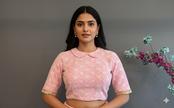 Light Pink Peter Pan Collared Blouse With Embroidered Hemlines