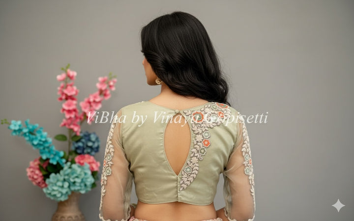 Sage Green Pearl Embroidered Blouse
