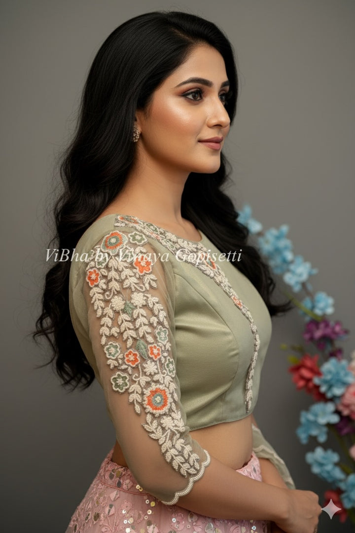 Sage Green Pearl Embroidered Blouse