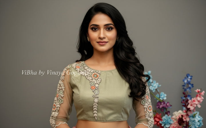 Sage Green Pearl Embroidered Blouse