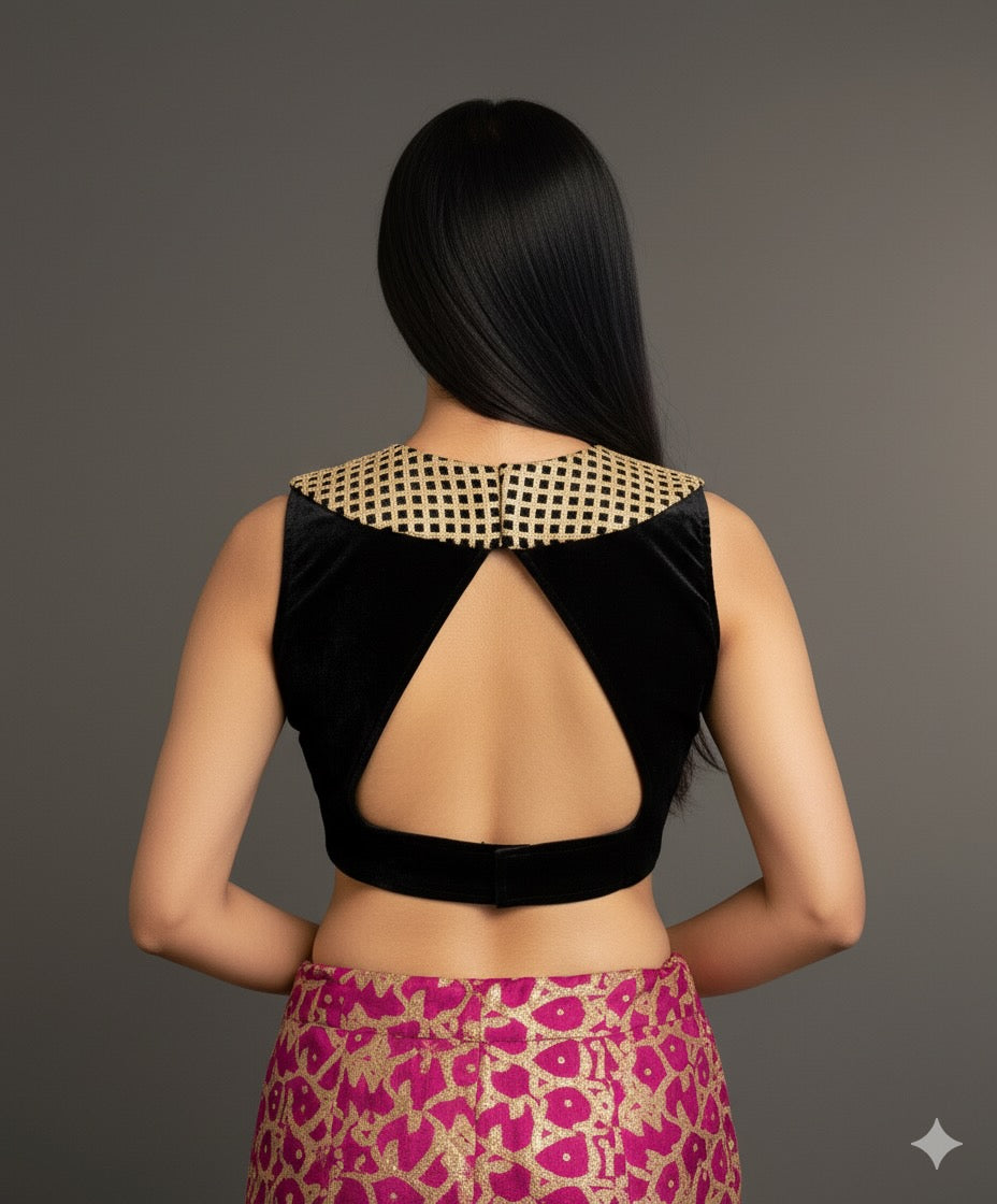 Black Velvet Blouse with Gold Neckline