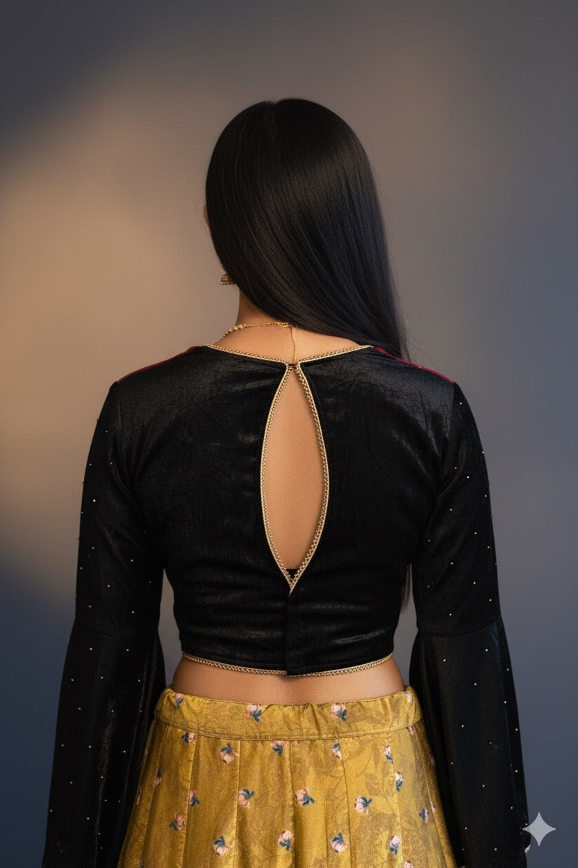 Black and Maroon Velvet Full Hands Blouse