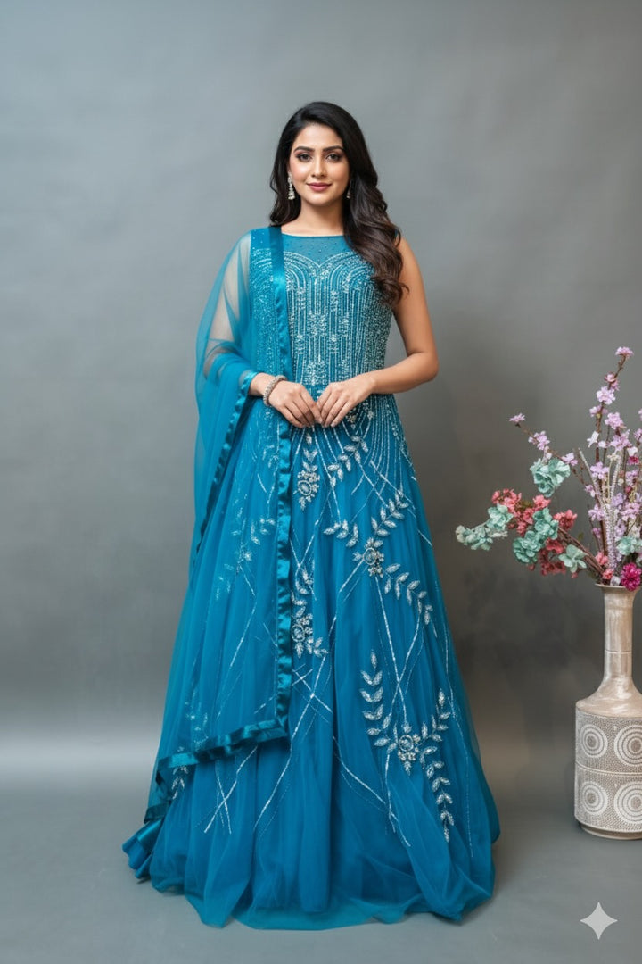 Cerulean Blue Embroidered Floor Length Gown