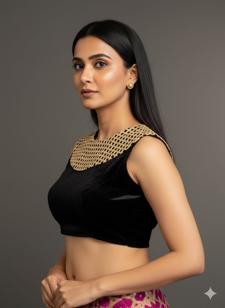 Black Velvet Blouse with Gold Neckline