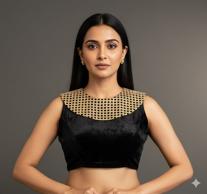 Black Velvet Blouse with Gold Neckline