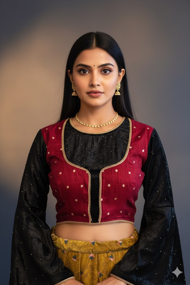Black and Maroon Velvet Full Hands Blouse