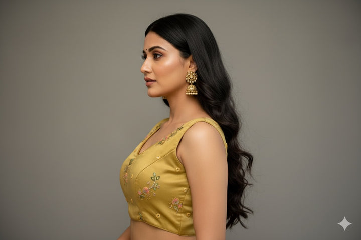 Light-Gold Floral-Embroidered Blouse