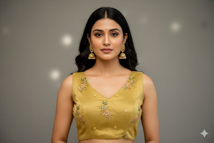 Light-Gold Floral-Embroidered Blouse