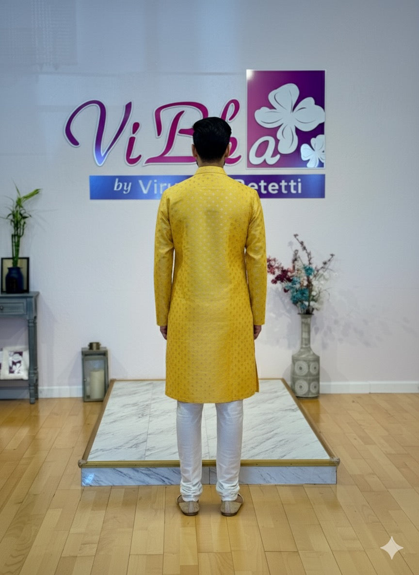 Yellow Banarasi silk kurta set