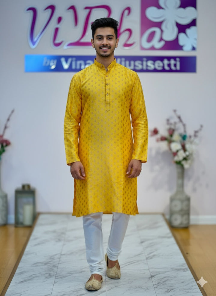 Yellow Banarasi silk kurta set