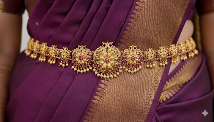 Floral Motif Temple Style Chain Model Waist Belt