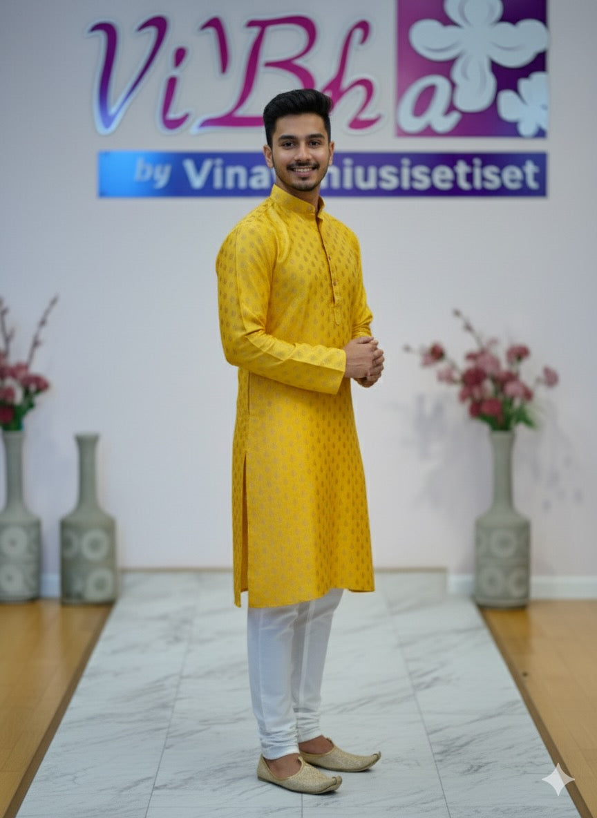 Yellow Banarasi silk kurta set
