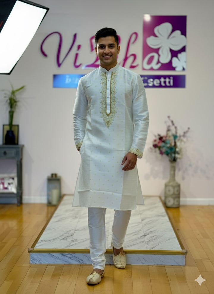 Off-White Block-print Yoke Kurta