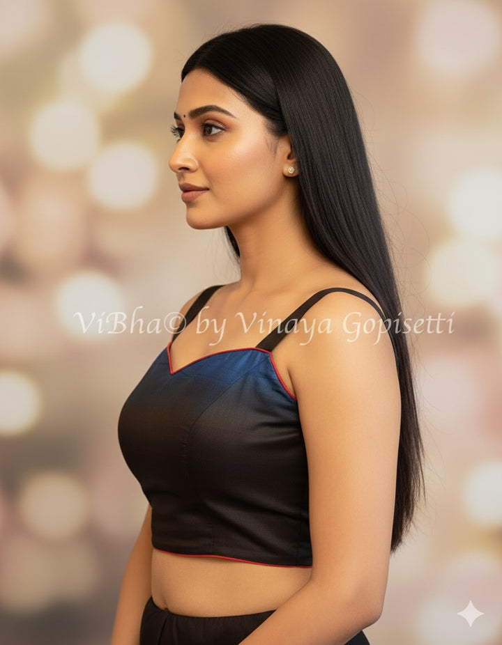 Blue And Black Soft Silk Blouse