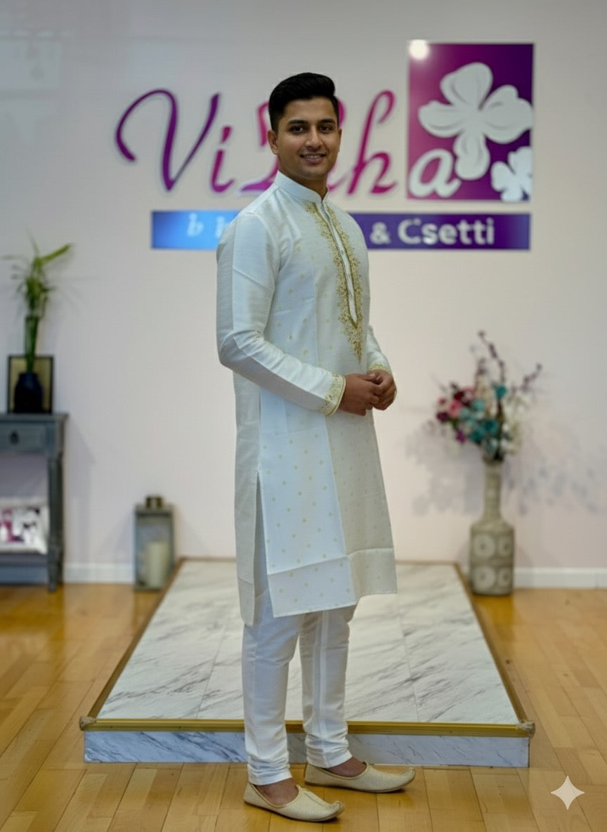 Off-White Block-print Yoke Kurta