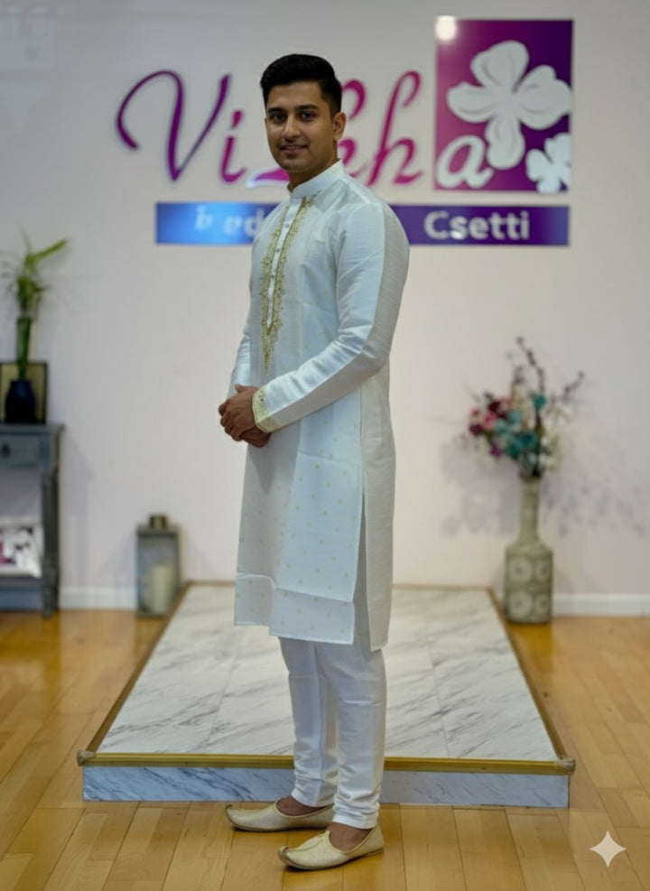 Off-White Block-print Yoke Kurta