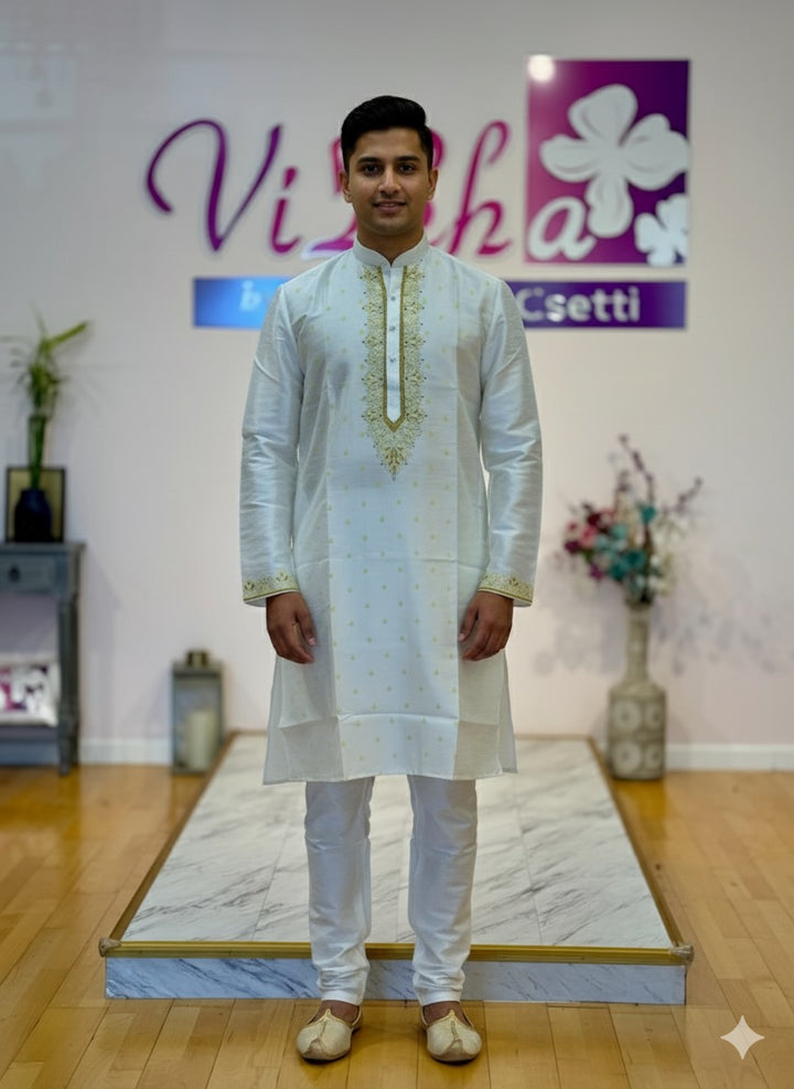 Off-White Block-print Yoke Kurta