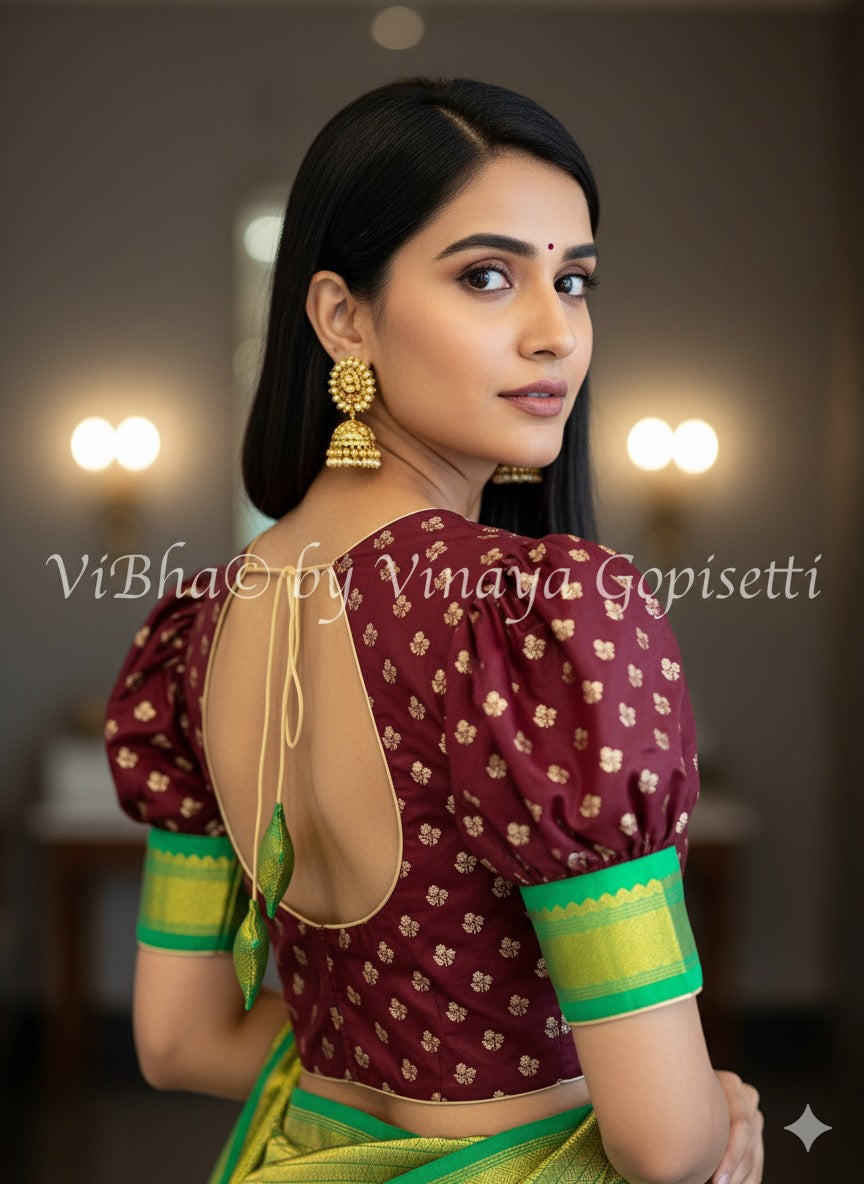 Brown Benares Brocade Puff Sleeve Blouse
