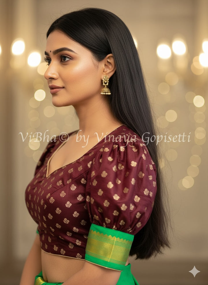 Brown Benares Brocade Puff Sleeve Blouse