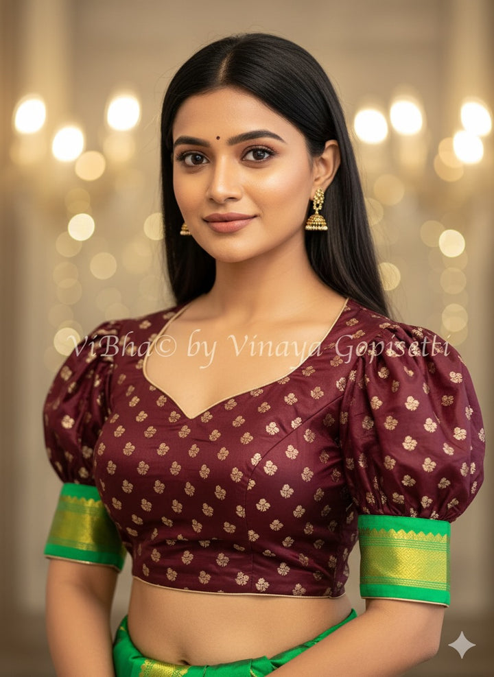 Brown Benares Brocade Puff Sleeve Blouse